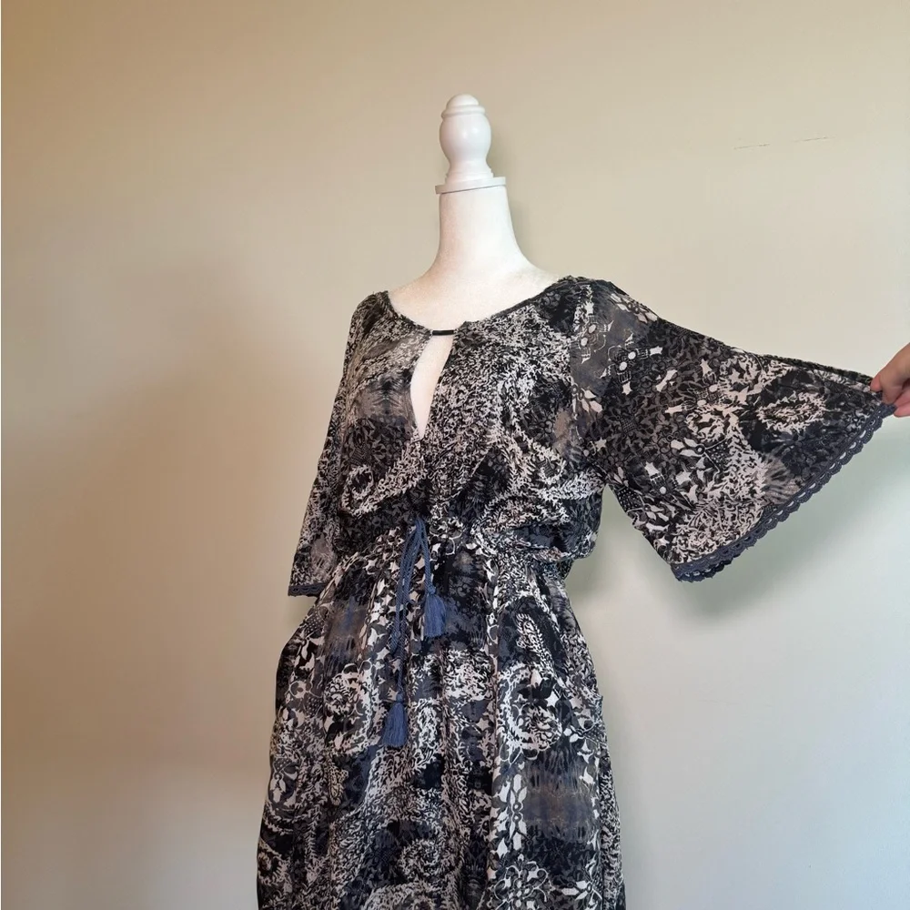 Free People Midnight Blue, White & Gray Patterned Mini Dress w Waist Tie - Small - Picture 10 of 16